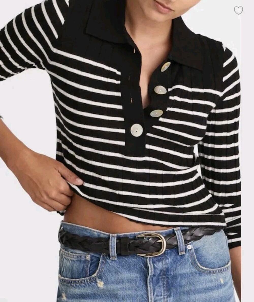 MADEWELL XL Black Merino /Silk Ribbed Polo Sweater Striped Preppy Polo Collared